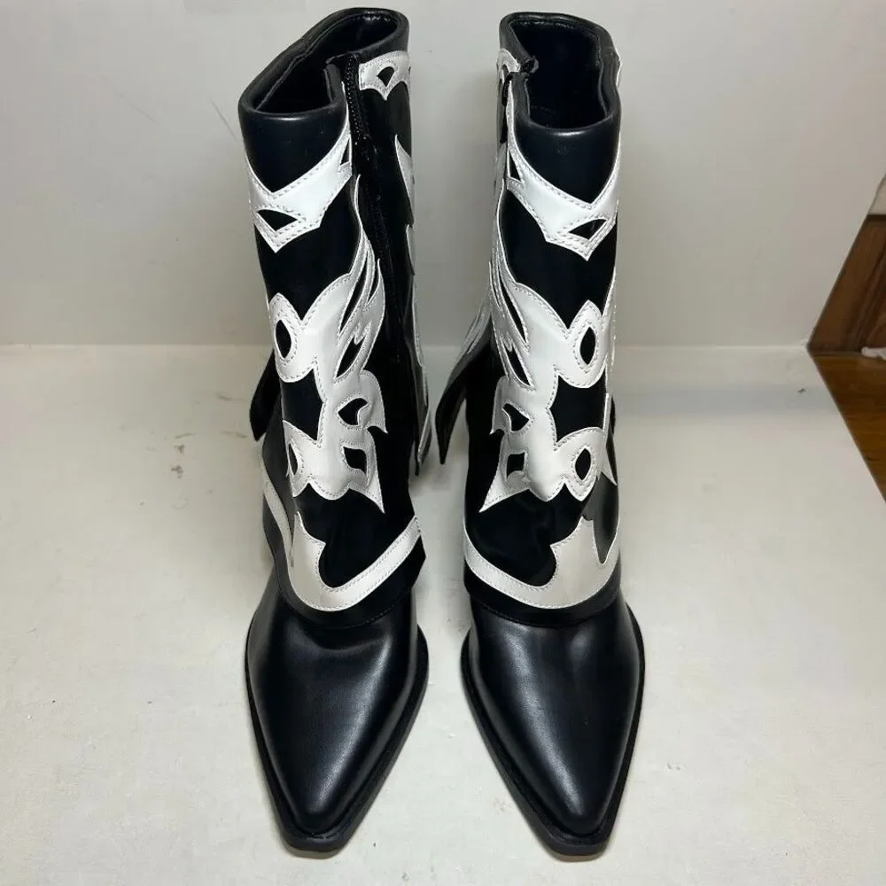 INC Womens 6.5 M Black White Smooth Jadiza Western High Heel Boots DISPLAY QK6